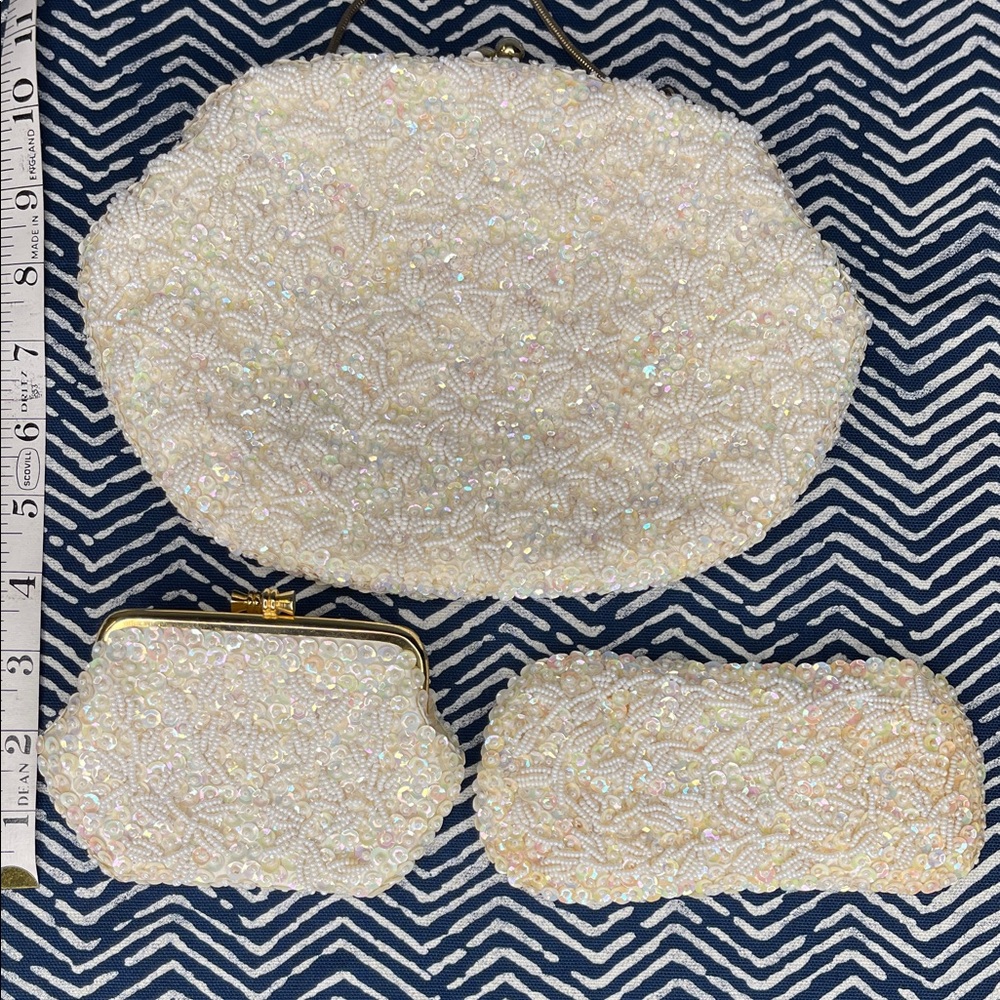 Elegant Vintage Safco Cream Beaded Clutch Set